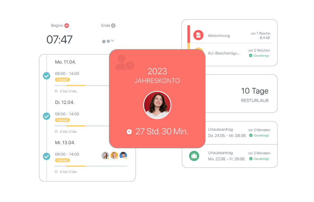 Illustration mit verschiedenen Angaben zu Urlaubsinformationen, Dokumenten und der Dienstplanung." title="e2n perso Arbeitszeit, Urlaub und Dokumente