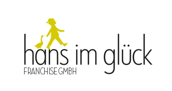 Schriftzug hans im glück in schwarz. Über dem Wort hans befindet sich eine Illustration einer Gans und einem laufenden Jungen in grün." title="Logo Hans im Glück