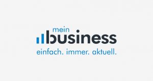 Schriftzug mein Business. vor dem b befinden sich zwei aufsteigende Balken in hellblau