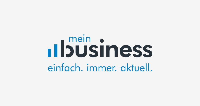 Schriftzug mein Business. vor dem b befinden sich zwei aufsteigende Balken in hellblau" title="Logo meinbusiness