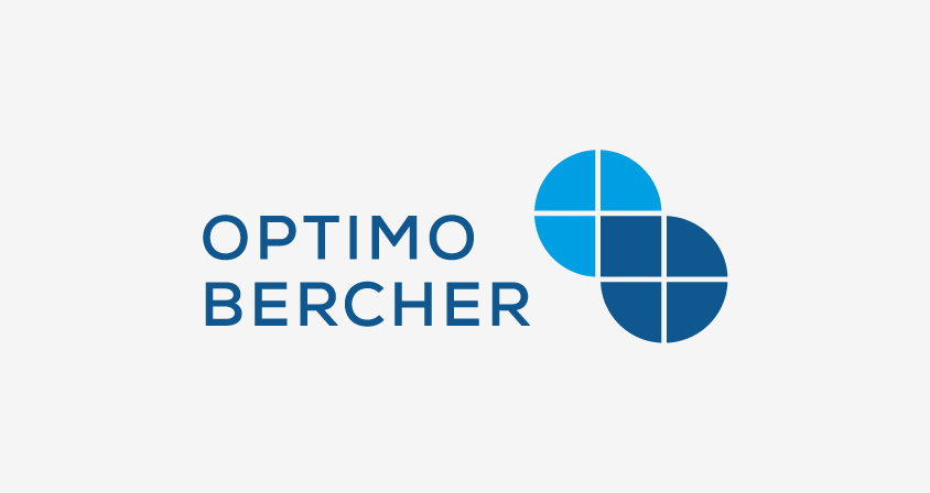 Schriftzug Optima Bercher in Versalien und Dunkelblau. Rechts daneben sind zwei Kreise in hell- und dunkelblau, die ineinander verschmelzen." title="Logo Optiback