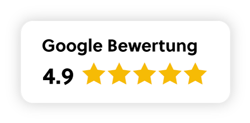 Illustration eines Rezensionsbanners. Weißer Hintergrund und darauf steht geschrieben "Google Bewertung" und eine Zahl mit Sternen" title="Google Reviews von e2n