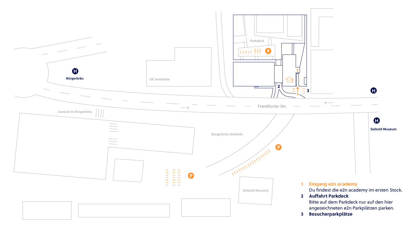 Illustration einer Anfahrtsskizze zu einem bestimmten Ort" title="Anfahrtsskizze e2n academy