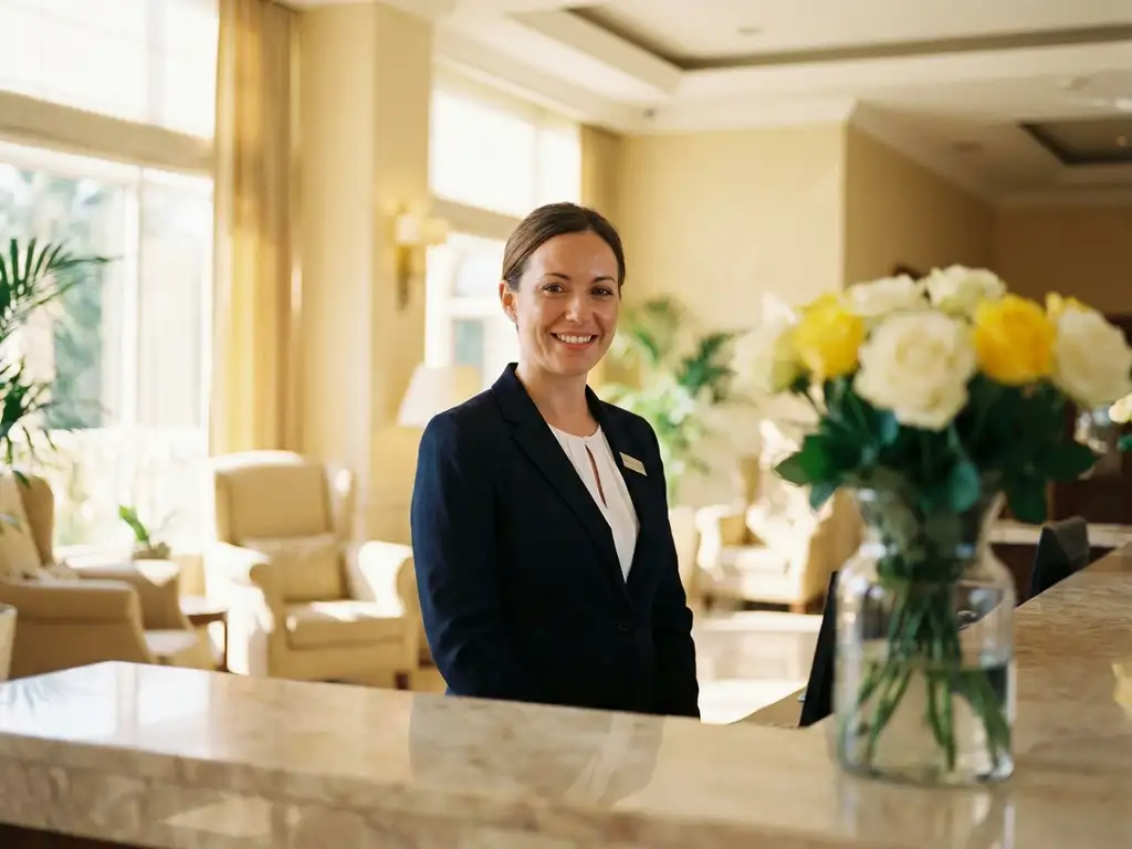Lächelnde Hotelangestellte in Uniform hinter einem Marmortresen, frische Blumen im Vordergrund, sonnendurchflutete Lobby in warmen Goldtönen.