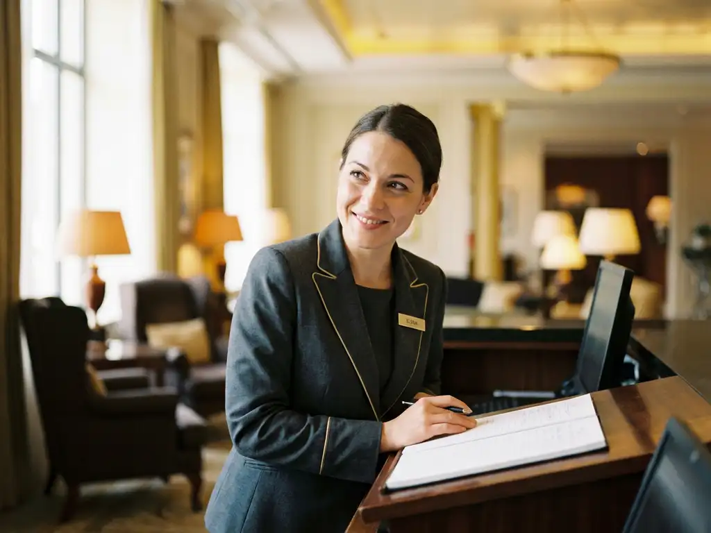 Hotelrezeptionistin in gepflegter Uniform lächelt freundlich hinter dem Empfangstresen, warmes Licht im verschwommenen Hintergrund.